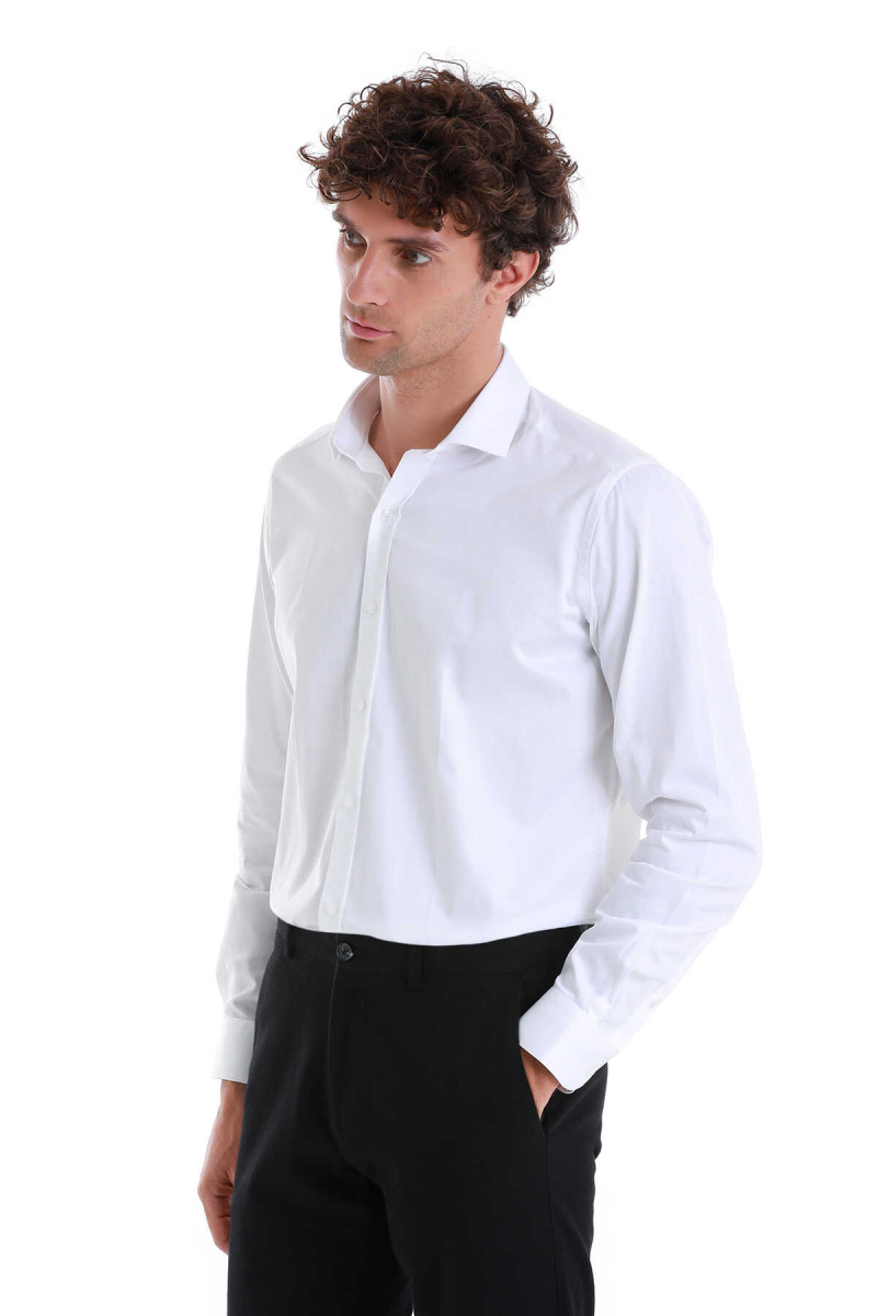 Beyaz Slim Fit 100% Pamuk Açık İtalyan Yaka Uzun Kollu Saten Gömlek - Hatem Saykı (1)