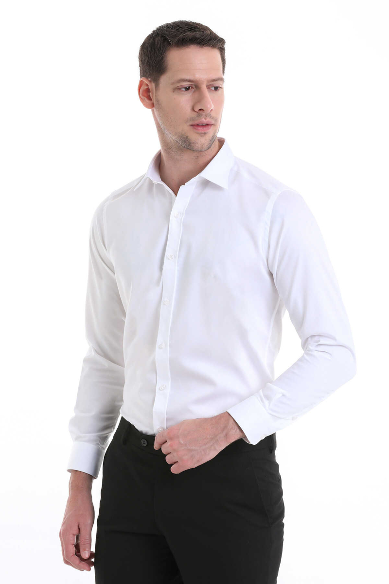 Beyaz Slim Fit 100% Pamuklu Slim Yaka Uzun Kollu Casual Saten Gömlek - Hatem Saykı (1)