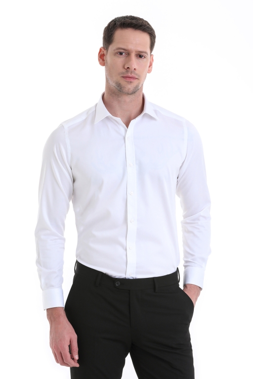 Hatem Saykı - Beyaz Slim Fit Düz 100% Pamuklu Slim Yaka Uzun Kollu Casual Saten Gömlek