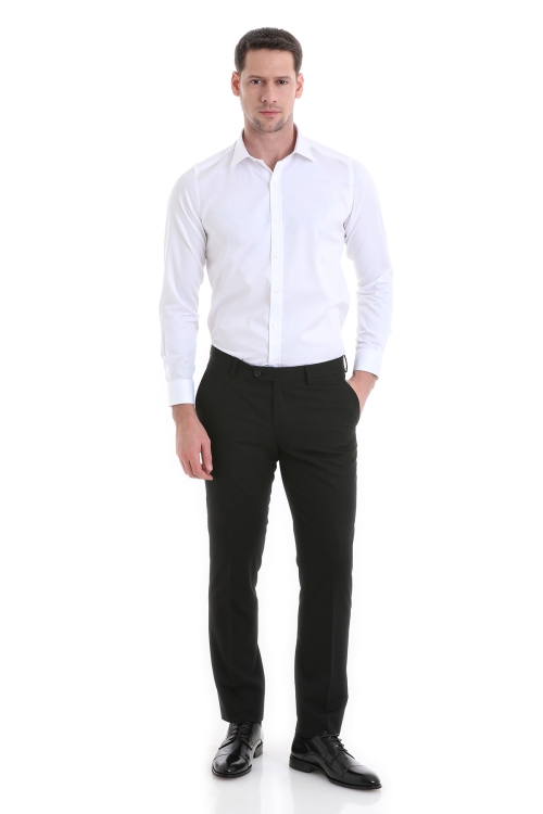 Beyaz Slim Fit Düz 100% Pamuklu Slim Yaka Uzun Kollu Casual Saten Gömlek - Thumbnail (1)