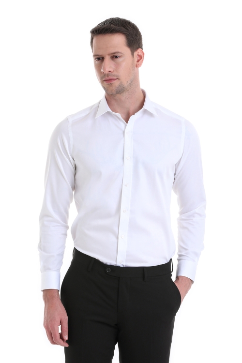 Beyaz Slim Fit Düz 100% Pamuklu Slim Yaka Uzun Kollu Casual Saten Gömlek - Thumbnail (2)