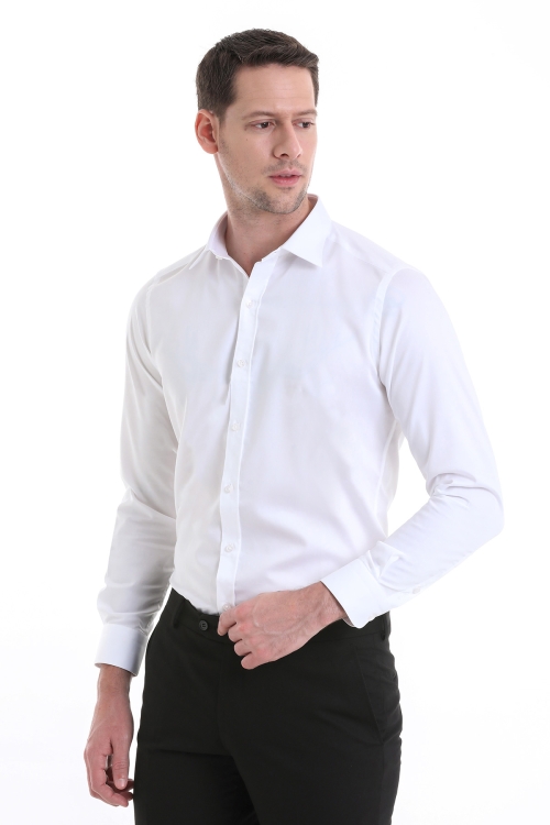 Beyaz Slim Fit Düz 100% Pamuklu Slim Yaka Uzun Kollu Casual Saten Gömlek - Thumbnail (3)