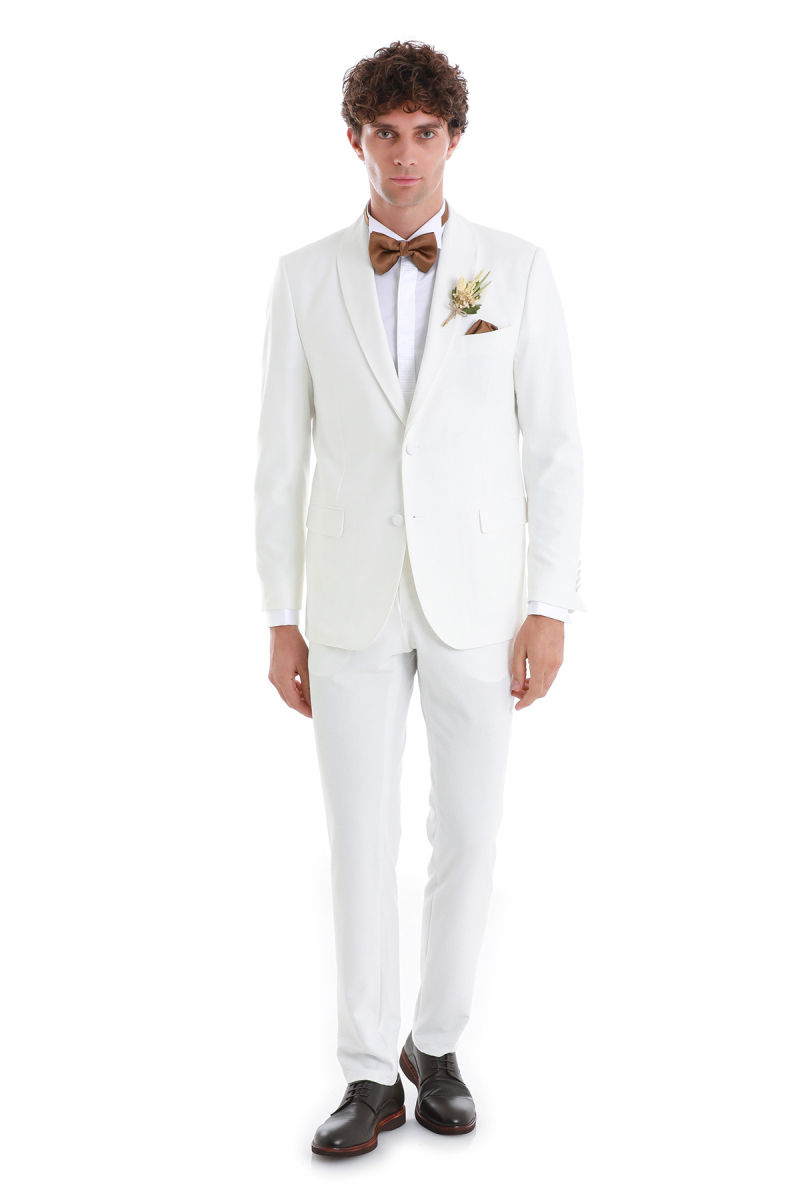Beyaz Slim Fit Çıkma Şal Yaka Damatlık Smokin - Hatem Saykı