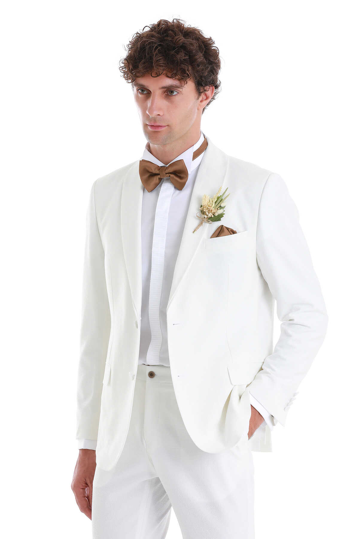 Beyaz Slim Fit Çıkma Şal Yaka Damatlık Smokin - 2