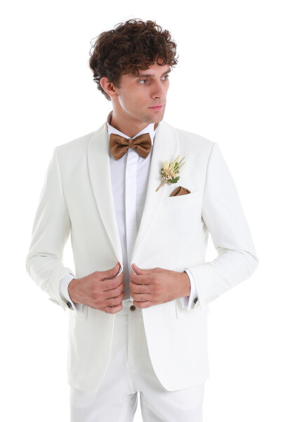 Beyaz Slim Fit Çıkma Şal Yaka Damatlık Smokin - 3