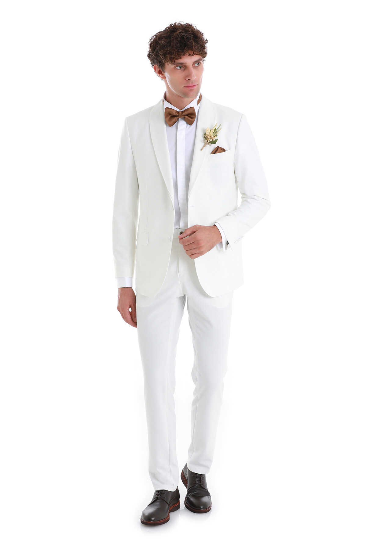 Beyaz Slim Fit Çıkma Şal Yaka Damatlık Smokin - 4