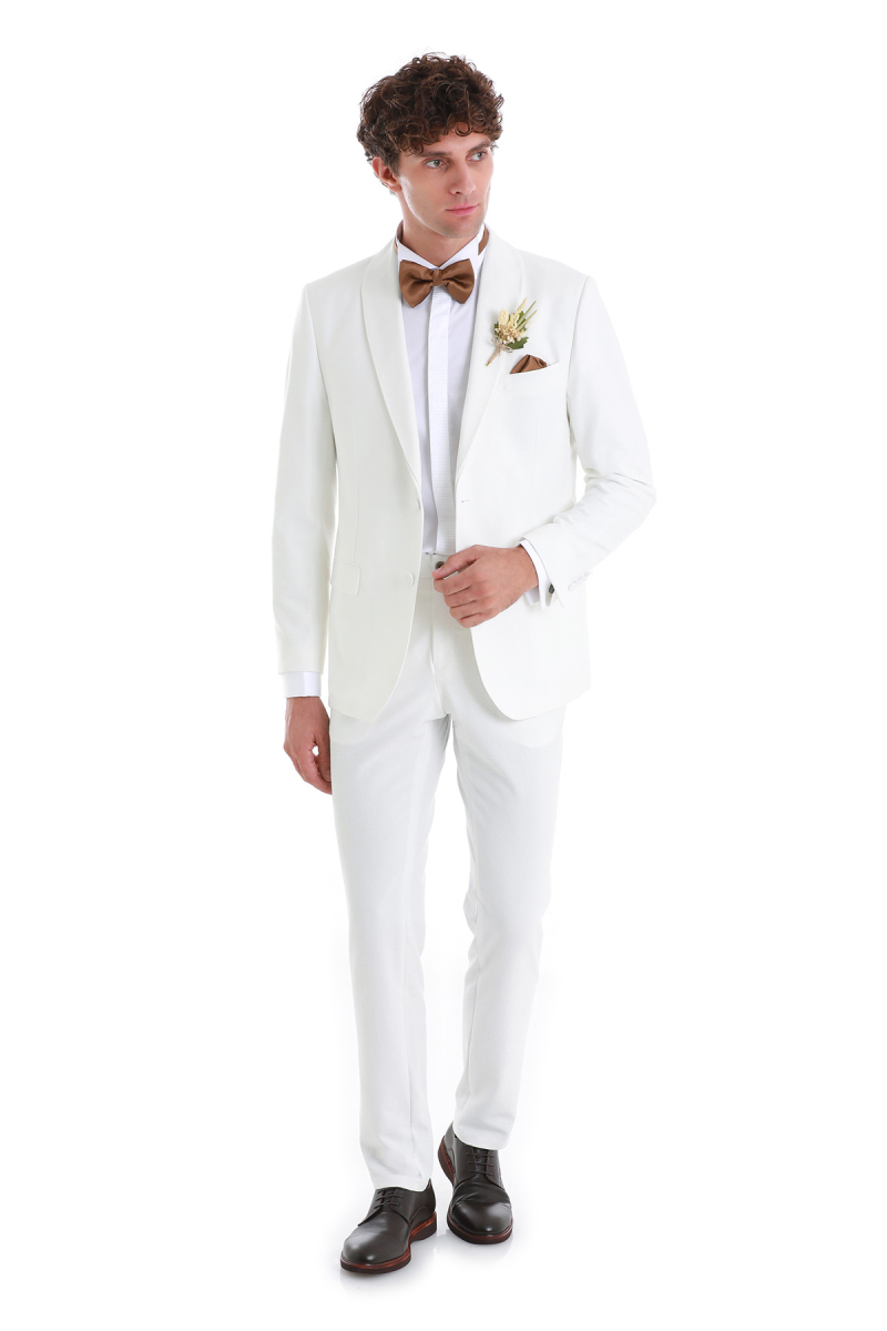 Beyaz Slim Fit Çıkma Şal Yaka Damatlık Smokin - Hatem Saykı (1)