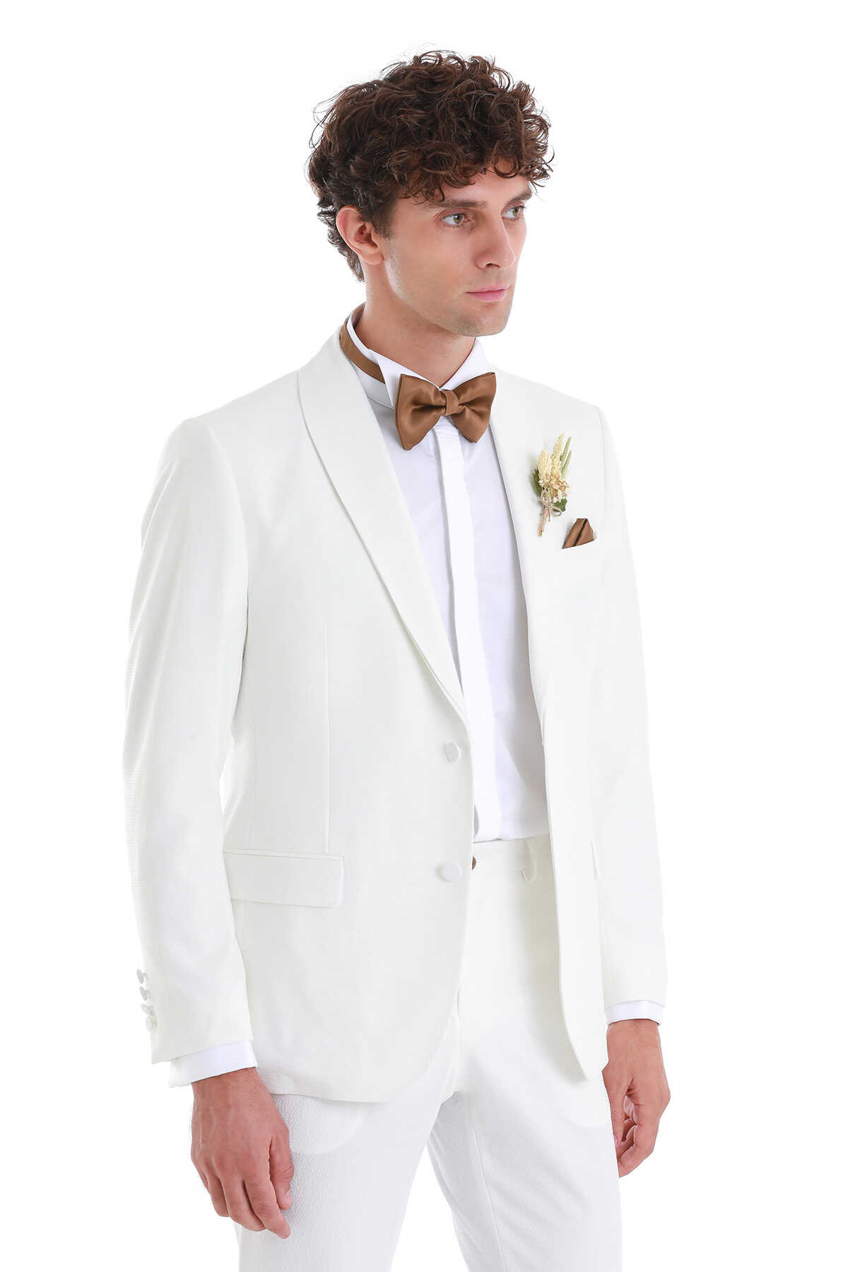 Beyaz Slim Fit Çıkma Şal Yaka Damatlık Smokin - 5