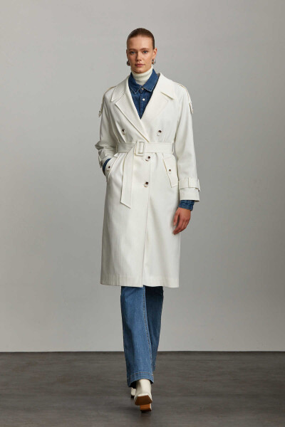 Saykı Woman Beyaz Slim Fit Mono Yaka Pamuklu Kemerli Basic Mary Trençkot 