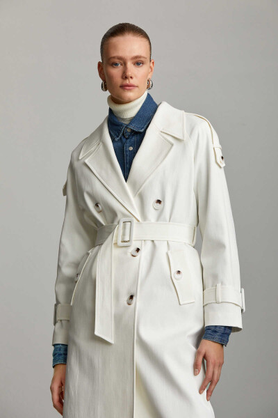 Saykı Woman Beyaz Slim Fit Mono Yaka Pamuklu Kemerli Basic Mary Trençkot - 3