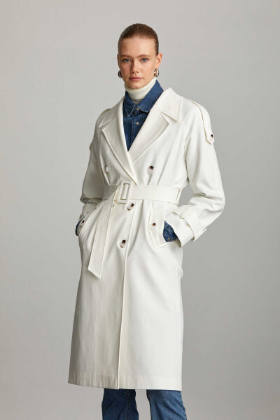 Saykı Woman Beyaz Slim Fit Mono Yaka Pamuklu Kemerli Basic Mary Trençkot - 4