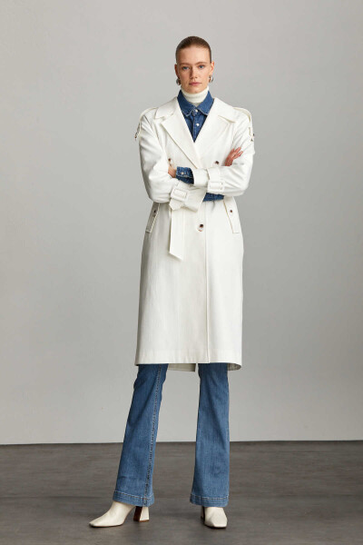 Saykı Woman Beyaz Slim Fit Mono Yaka Pamuklu Kemerli Basic Mary Trençkot - 6