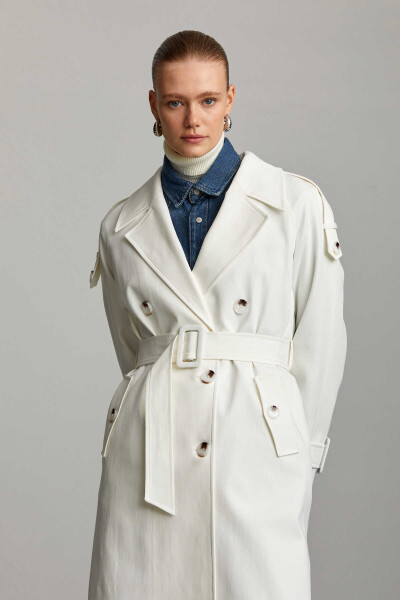 Saykı Woman Beyaz Slim Fit Mono Yaka Pamuklu Kemerli Basic Mary Trençkot - 7