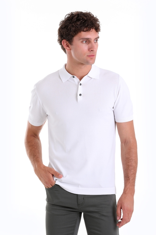 Hatem Saykı - Beyaz Comfort Fit Düz Polo Yaka Rayon Triko Tişört