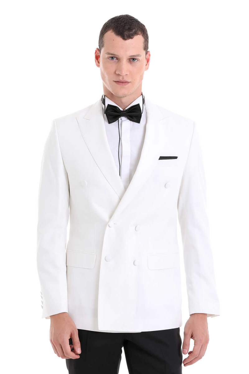 Beyaz Slim Fit Sivri Yaka Klasik Kruvaze Smokin Damatlık - Hatem Saykı (1)