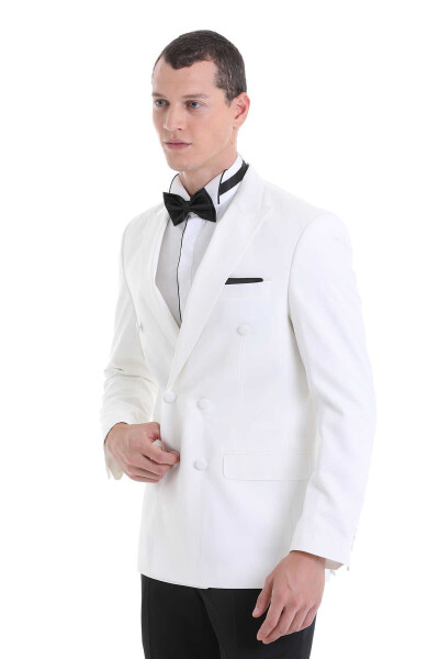 Beyaz Slim Fit Sivri Yaka Klasik Kruvaze Smokin Damatlık - 3