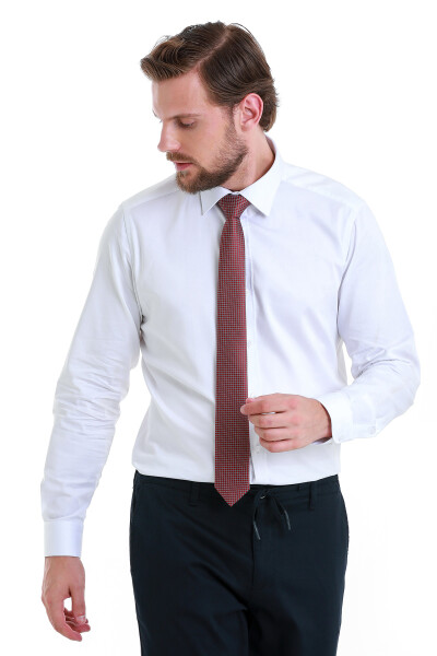 Beyaz Slim Fit Slim Yaka 100% Pamuk Uzun Kollu Saten Gömlek - 3