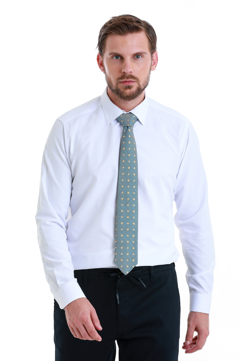 Beyaz Slim Fit Düz Slim Yaka Pamuklu Uzun Kollu Gömlek - HATEMOĞLU (1)