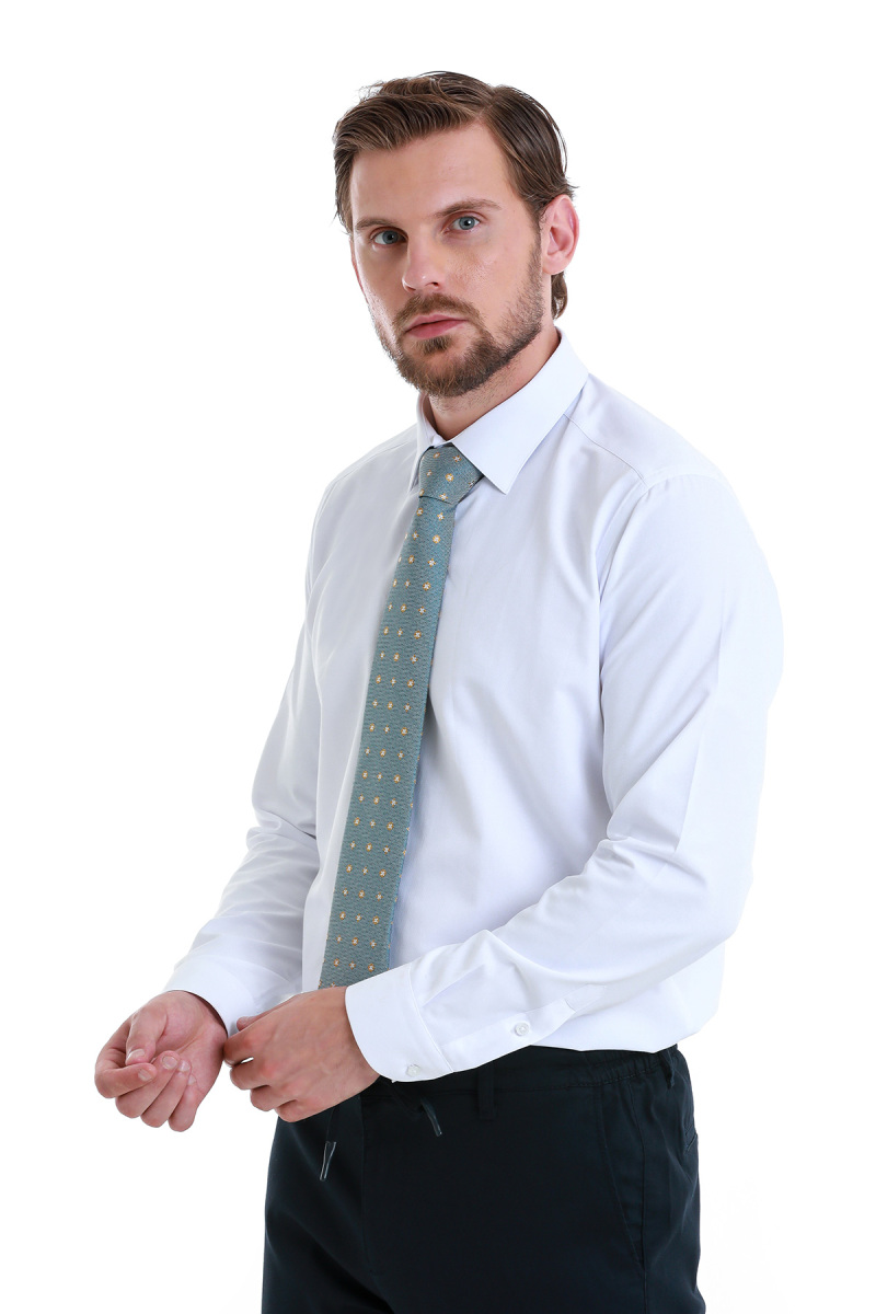 Beyaz Slim Fit Düz Slim Yaka Pamuklu Uzun Kollu Gömlek - HATEMOĞLU (1)