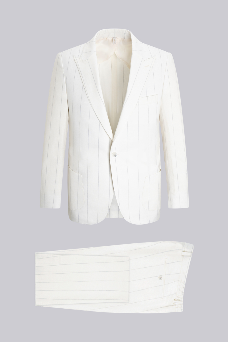 Beyaz Slim Fit Sivri Yaka Çizgili Keten Casual Takım Elbise - Saykı