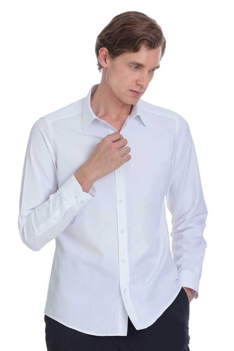 Beyaz Slim Fit Slim Yaka Pamuklu Uzun Kollu Gömlek - Hatemoğlu (1)