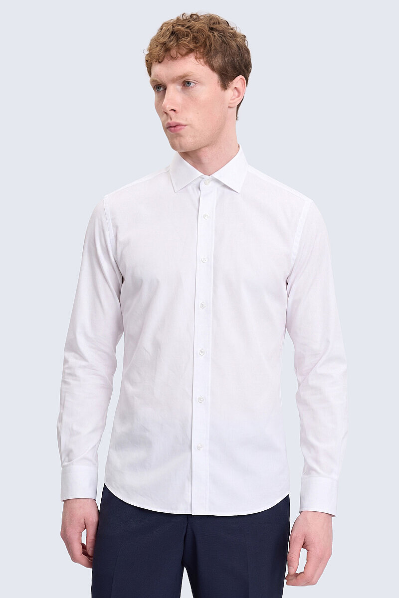 Beyaz Slim Fit Uzun Kollu Açık İtalyan Yaka Saten Gömlek