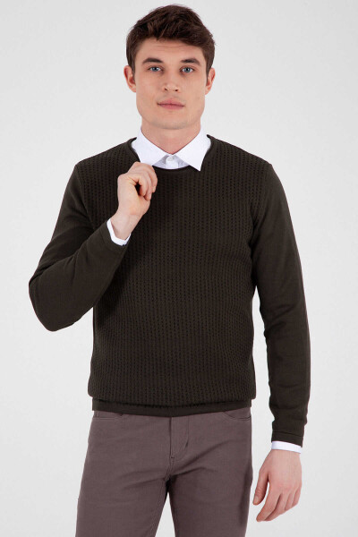 Haki Desenli Bisiklet Yaka Pamuklu Kazak - 1