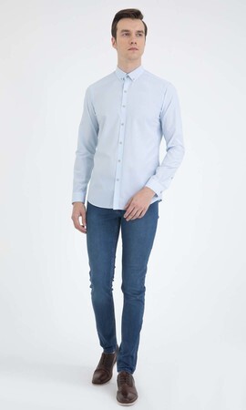 Mavi Çizgili Slim Fit Gömlek - 5