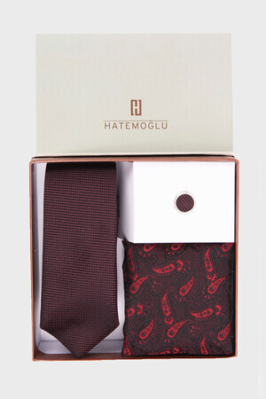 Bordo Yaka Pimi Kravat Mendil Set - 6