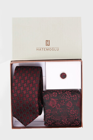Bordo Yaka Pimi Kravat Mendil Set - 4