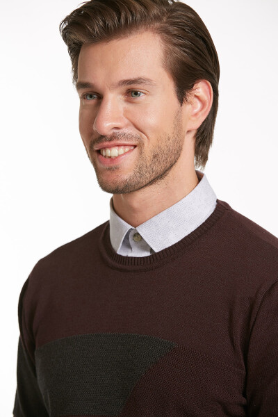 Bordo Regular Fit Desenli Pamuklu Bisiklet Yaka Triko Kazak - 8