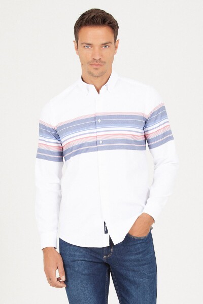 Slim Fit Çizgili Beyaz Gömlek - 1