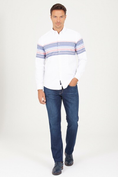 Slim Fit Çizgili Beyaz Gömlek - 3