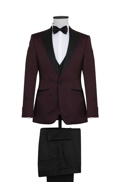 Bordo Cerimonia Slim Fit Yelekli Takım Elbise - 1