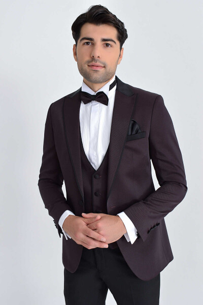 Bordo Slim Fit Sivri Yaka Yelekli Damatlık - 3