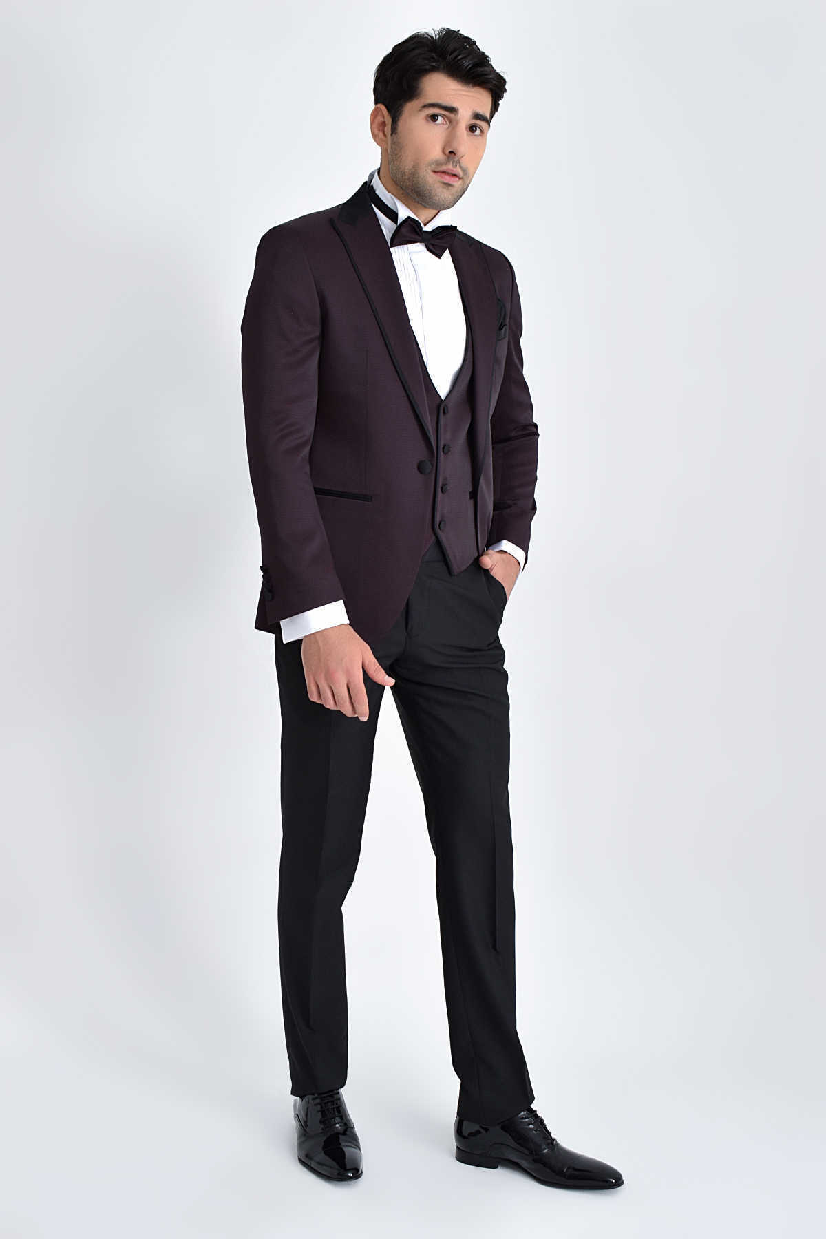 Bordo Slim Fit Sivri Yaka Yelekli Damatlık - 2