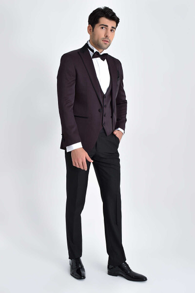 Bordo Slim Fit Sivri Yaka Yelekli Damatlık - 2