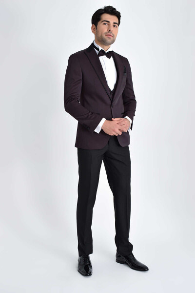Bordo Slim Fit Sivri Yaka Yelekli Damatlık - 1