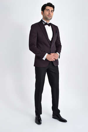Bordo Slim Fit Sivri Yaka Yelekli Damatlık - 5