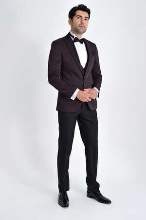 Bordo Slim Fit Sivri Yaka Yelekli Damatlık - 5