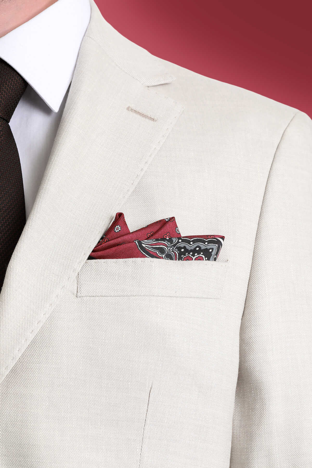 Bordo Desenli Klasik Saten Cep Mendili - 1