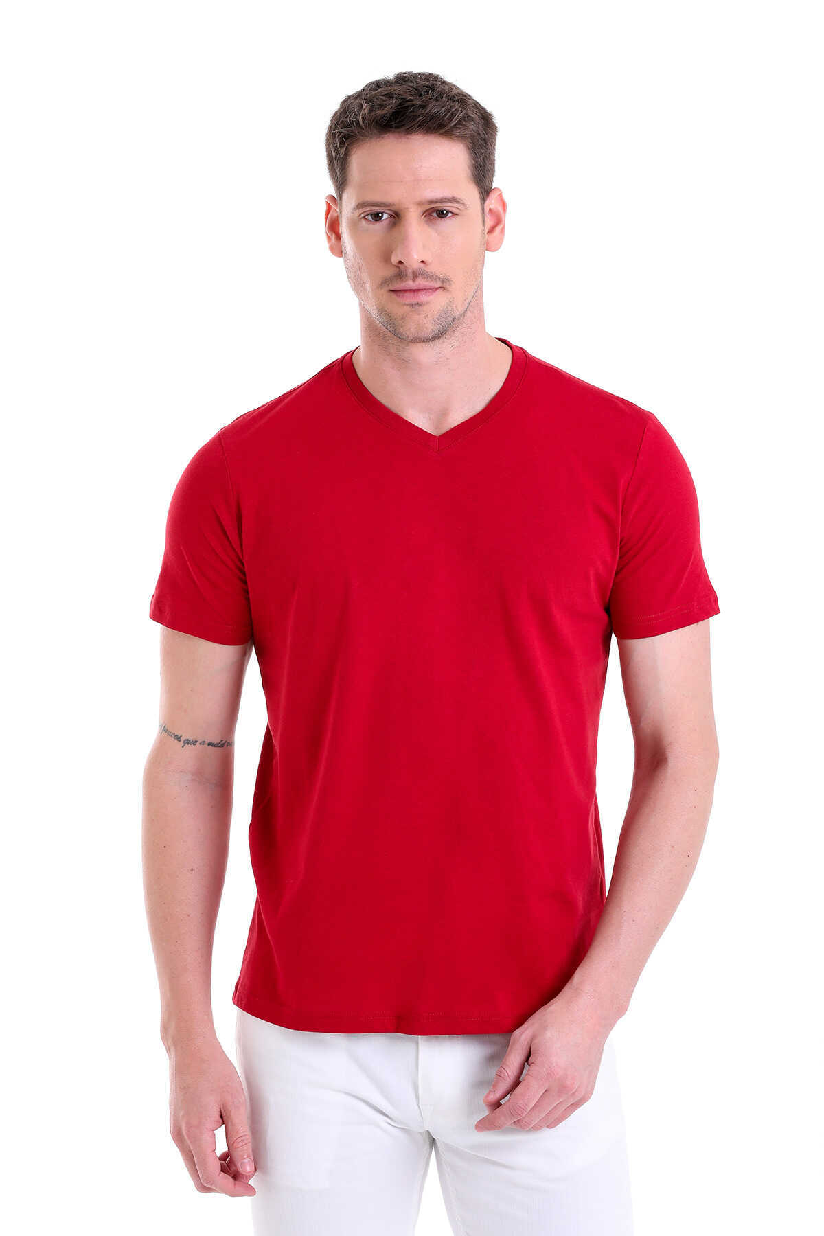 Bordo Regular Fit Düz 100% Pamuklu V Yaka Tişört - 1