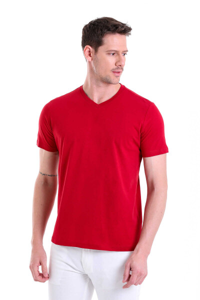 Bordo Regular Fit Düz 100% Pamuklu V Yaka Tişört - 2