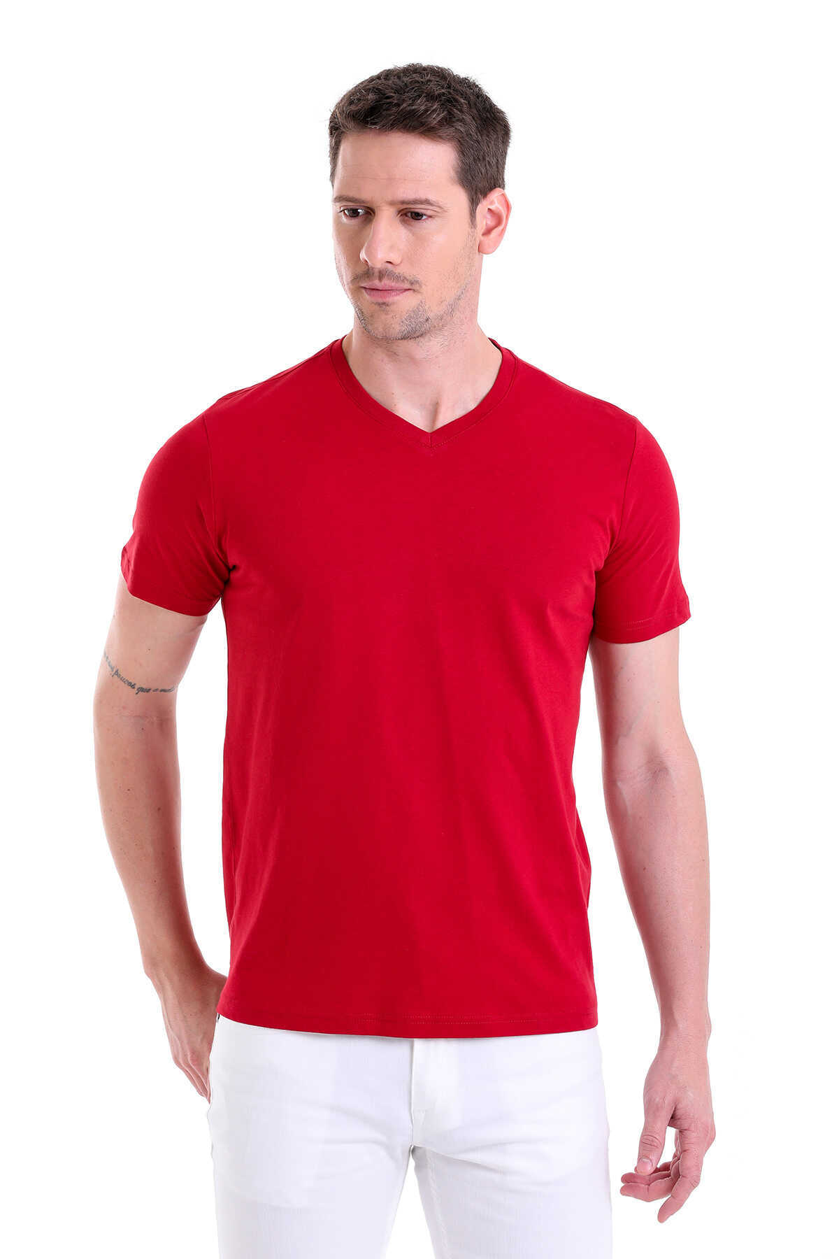 Bordo Regular Fit Düz 100% Pamuklu V Yaka Tişört - 3