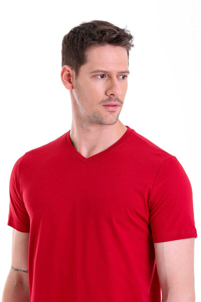 Bordo Regular Fit Düz 100% Pamuklu V Yaka Tişört - 4