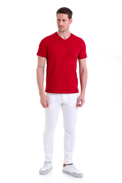 Bordo Regular Fit Düz 100% Pamuklu V Yaka Tişört - 5