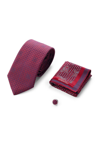 Bordo Üçlü Yaka Rozeti Kravat Mendil Set 