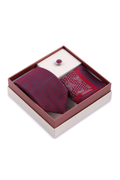 Bordo Üçlü Yaka Rozeti Kravat Mendil Set - 2