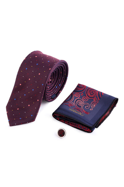 Bordo Üçlü Yaka Rozeti Kravat Mendil Set 