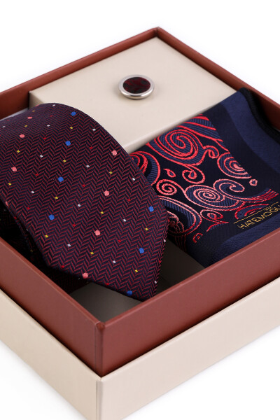 Bordo Üçlü Yaka Rozeti Kravat Mendil Set - 5